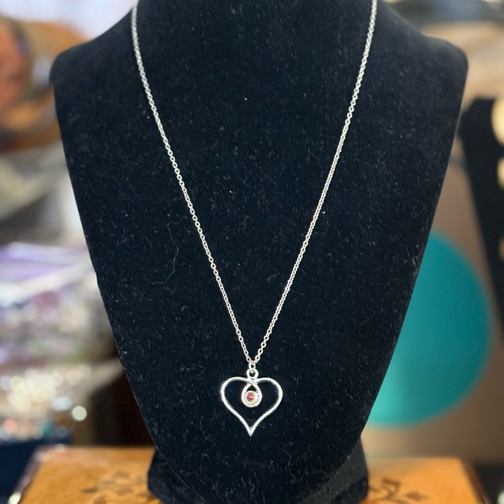 18” long vintage necklace/heart pendant with a small red/purple stone.